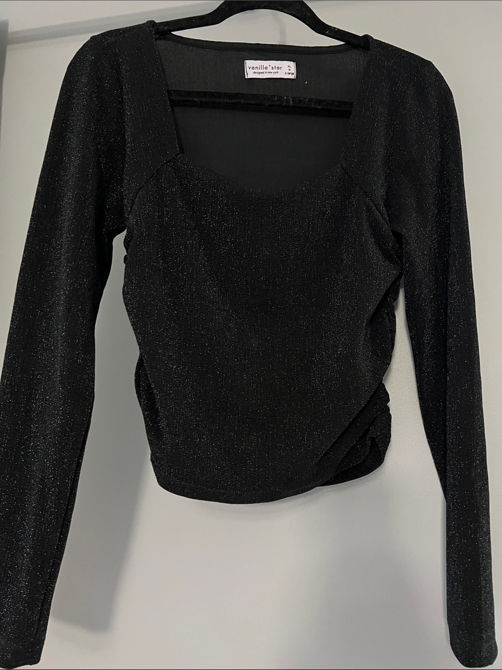 Vanilla Star Black Glitter Square Neck Long Sleeve Top